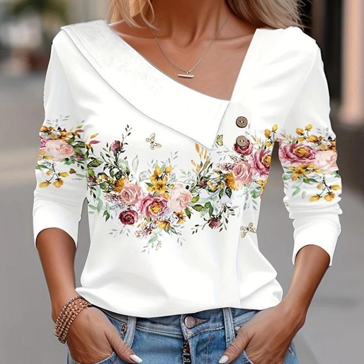 Damen Mode Floral Print Langarm Hemd Bluse Top Weiß Herbst Winter Kleidung 2026