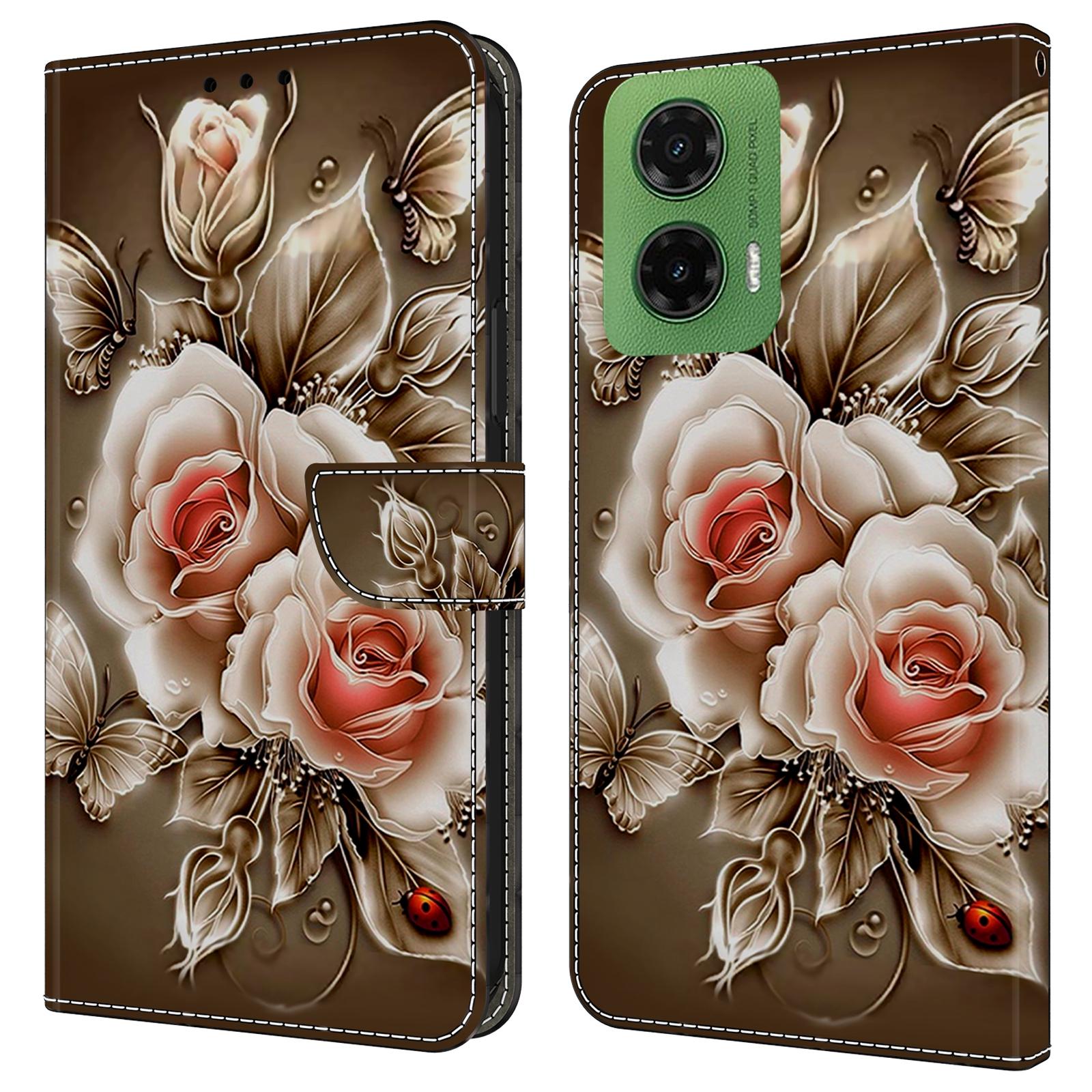 

For Motorola Moto G35 5G Case Wallet Stand Pattern Printing PU Leather Flip Phone Cover Brown Rose