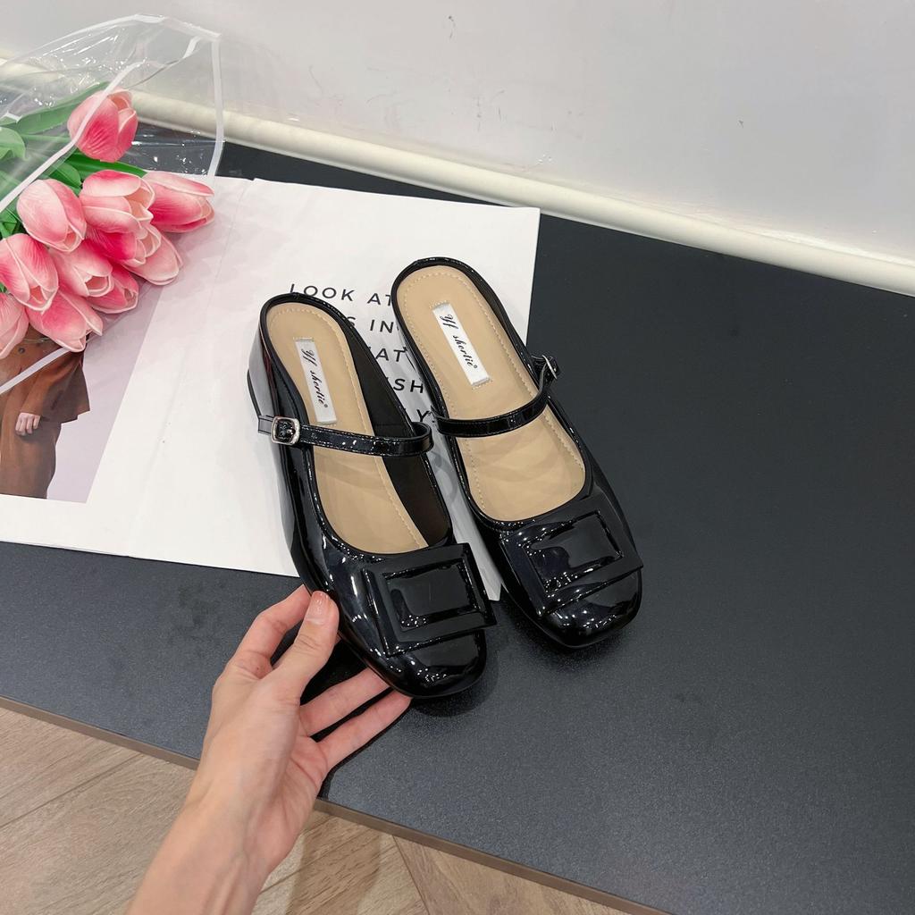 Sheepskin version~ Small man inner height increase 5cm black bag head half drag 2025 summer French Mary Jane sandals women's shoes