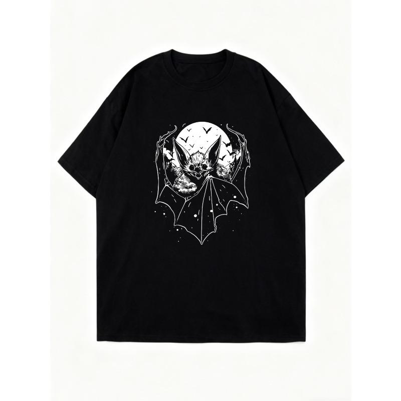 Übergroßes T-Shirt Schwarz Fledermaus- und Mond-Print für Halloween-Party und Freizeitkleidung