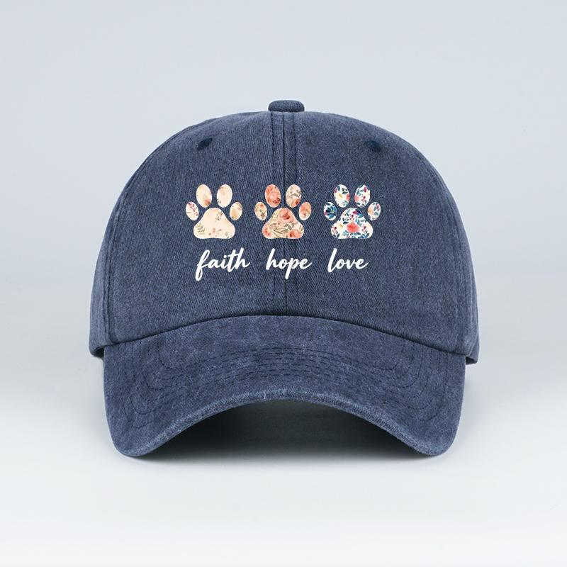 

Floral Paw Print Baseball Cap Faith Hope Love Washed Cotton Adjustable Dad Hat Pet Lover Vintage Sun Hat