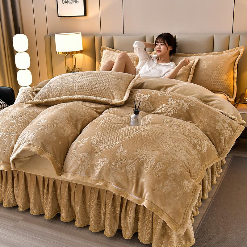 Class A Maternal And Infant Grade High-Gram Carved Fleece Milk Fleece Bed Skirt4-Pcs Set, Winter Double-Sided Fleece Quilt Cover