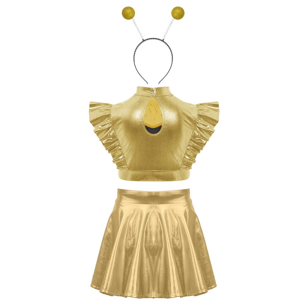 Mädchen Alien Cosplay Metallisches Outfit Strasssteine Ärmelloses Rüschen Crop Top A-Linien-Rock Haarreif-Set