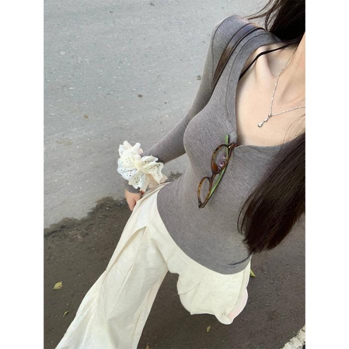 

French Ribbed Velvet V-Neck Long-Sleeve Slimming T-Shirt - Pure Cotton Innerwear Extra Large серый