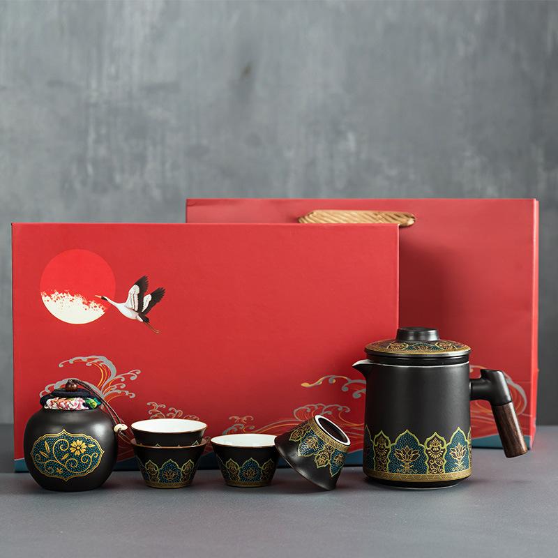 Portable ceramic one pot four cups travel tea set portable tea pot tea cup small set business gift express cup