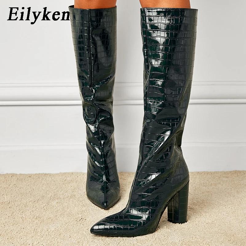 New Fashion Women's Boots Solid Color Snake Pattern Women Knee-High Boots Pointed Toe Winter Ladies Long Booties Handmade Shoes