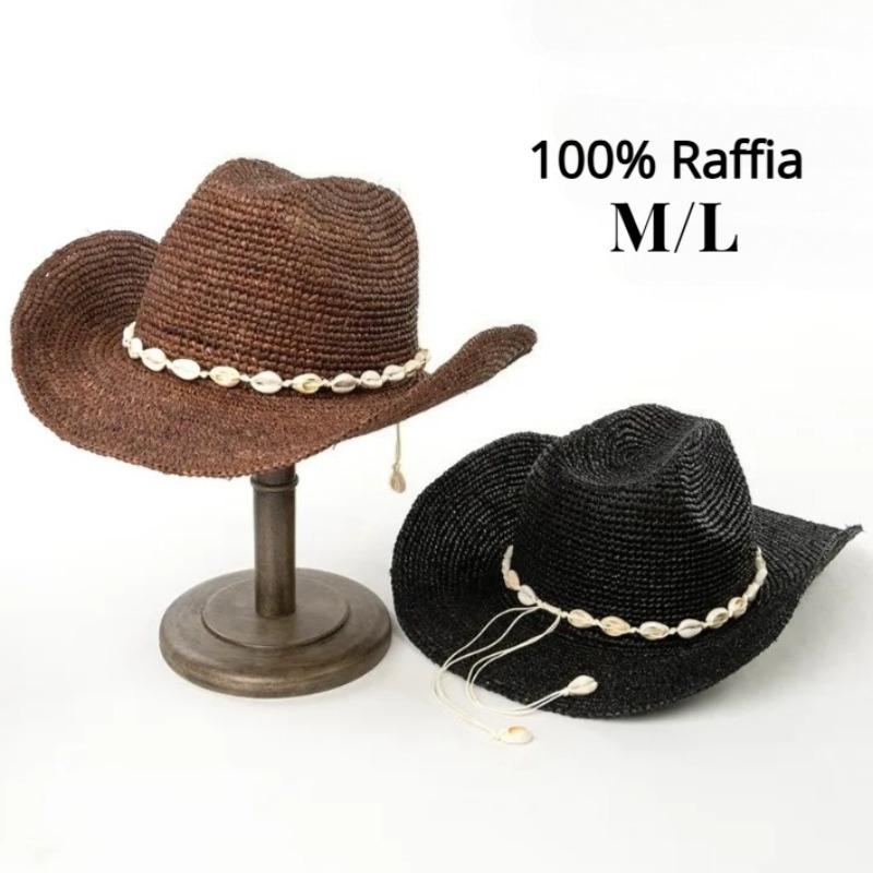 My Extreme Outdoor Activities Women's Black/Brown Ins Handwoven 100%Raffia Straw Cowboy Fedoras Hat For Shell Decor Western Sun Hats Summer Beach Vacation Boho Style Panama 57Cm