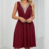 Women's Spring and Summer Solid Color V-neck Lace Stitching Waist Dress Without Cuff Bag
