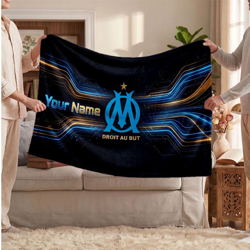 Olympique Marseille FC Personalized Fleece Blanket With Football Logo, Custom Name Text Soft Warm Home Throw Blanket