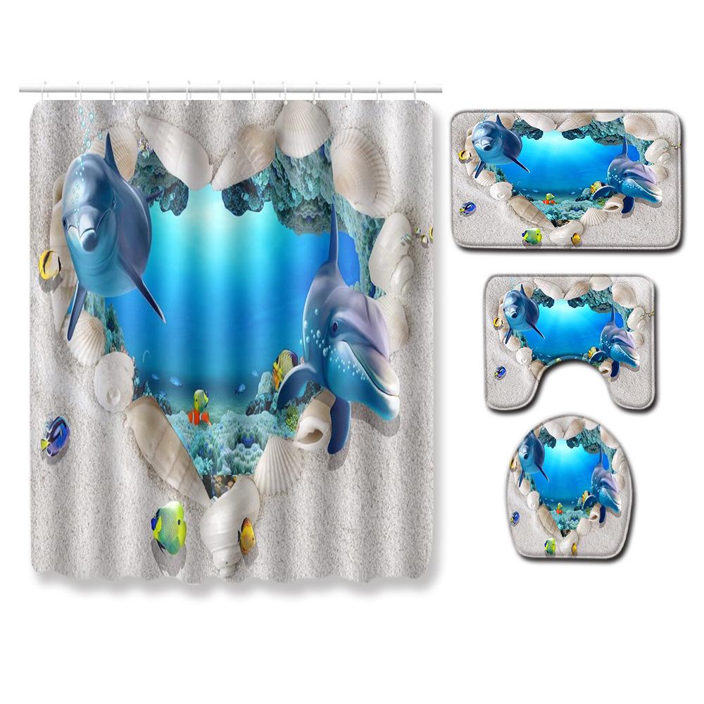 

3D Marine Waterproof Shower Curtain Four-Piece Bathroom Non-Slip Door Mat Floor Mat Carpet 180 * 180 shower curtain + 45 * 75