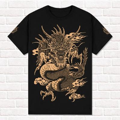 T-shirt Noir Dragon Japonais Style Tatouage Japonais Créature Mythique t-shirts tops Coton Unisexe Manches Courtes High Street