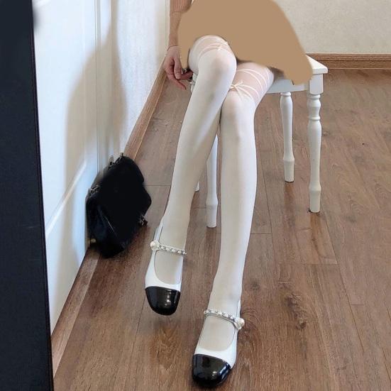 1 Pair Women Stockings Lace Patchwork Bow Decor High Elasticity Over Knee Length Skinny Solid