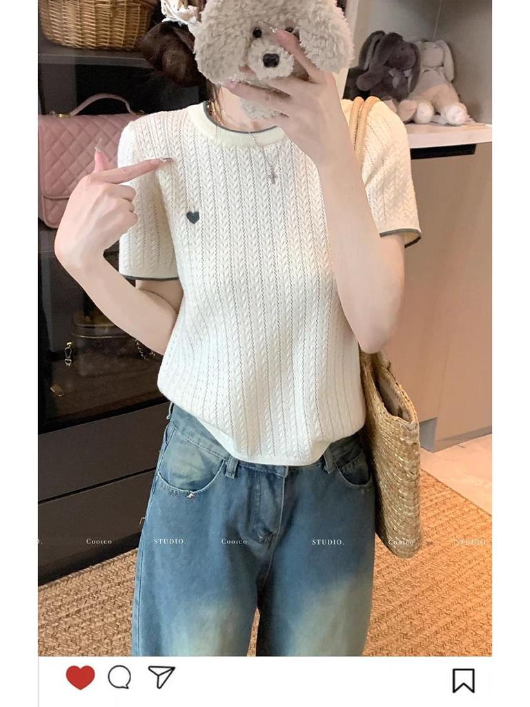 Chic Color Block Crew Neck Short Sleeve Knitted T-Shirt for Women - Preppy Style Summer 2025