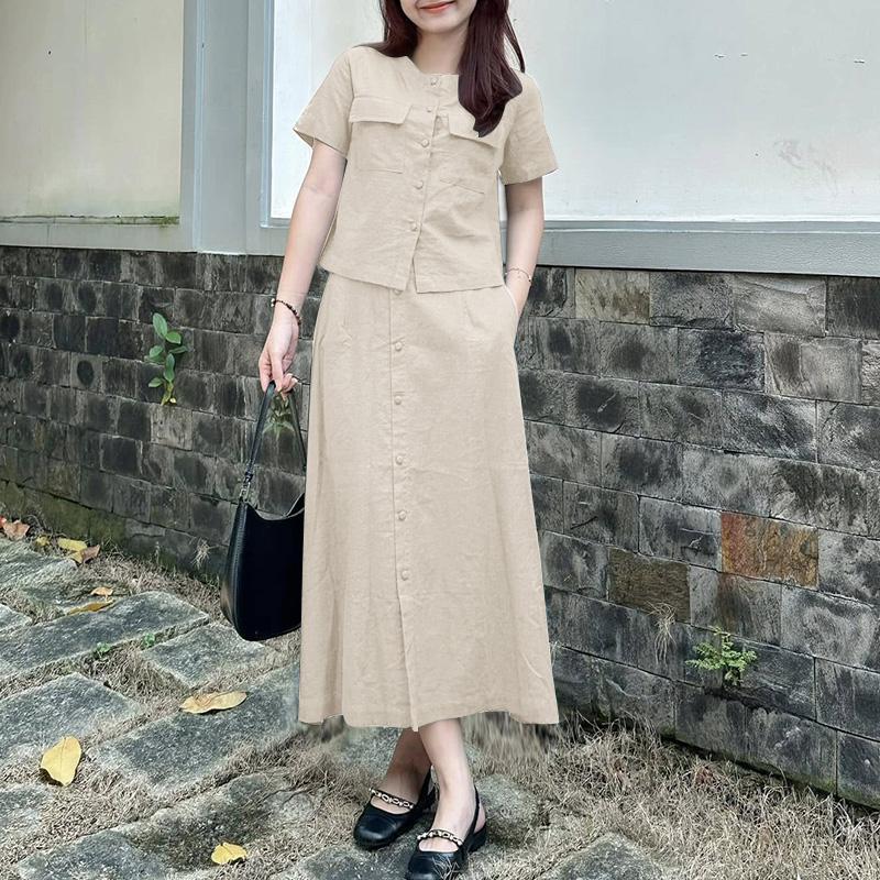 ZANZEA Women Short Sleeve Blouse and Long Skirts Summer Two Piece Suit Sets