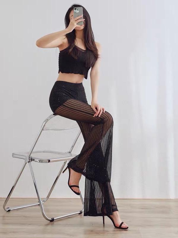 2025 European Style Lace See-through High-waisted Patchwork Long Straight Leg Pants