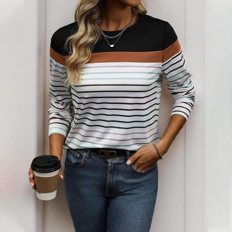 

Women Summer Stripe Long Sleeve T-shirt O Neck XL чорний