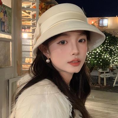 Top Hat Autumn and Winter Australian Woolen Flat Top Bow Fisherman Hat Autumn and Winter Elegant Basin Hat