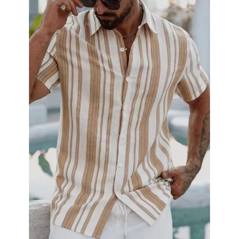 Men's Blue White Vertical Stripe Short Sleeve Shirt Casual Button Down Summer Blouse