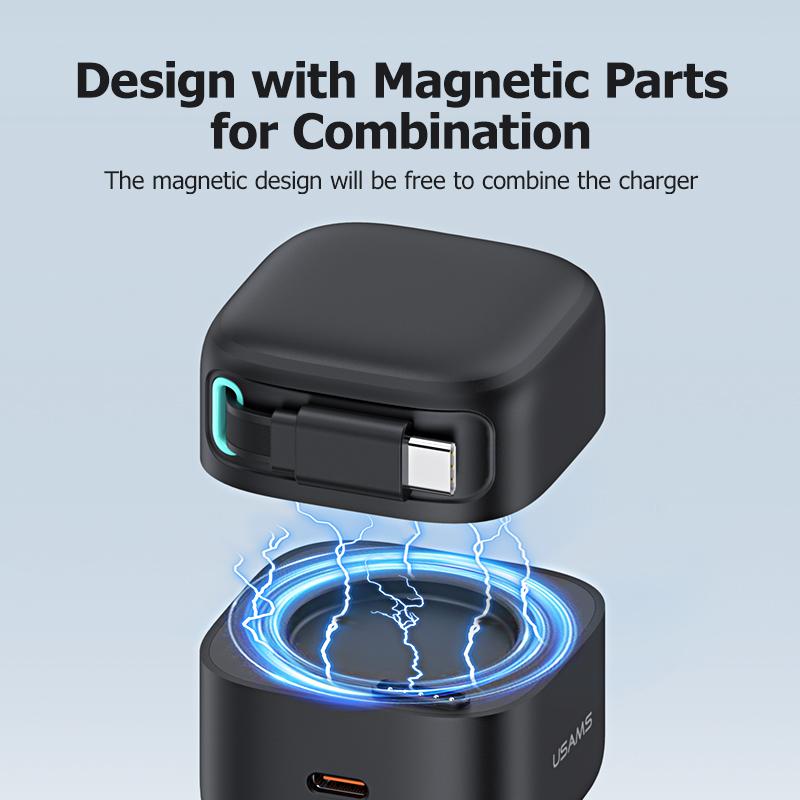 New EU US UK Plug Retractable Magnetic USB GaN Charger 35W Type C PD Fast Phone ChargerBuilt Quick Charge Cable For Travel