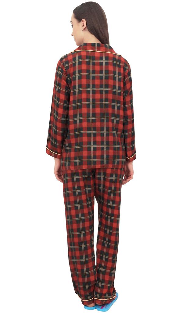 Bimba Women Check Print Pajama Pant Set With Full Sleeve Shirt Nightwer Suit -