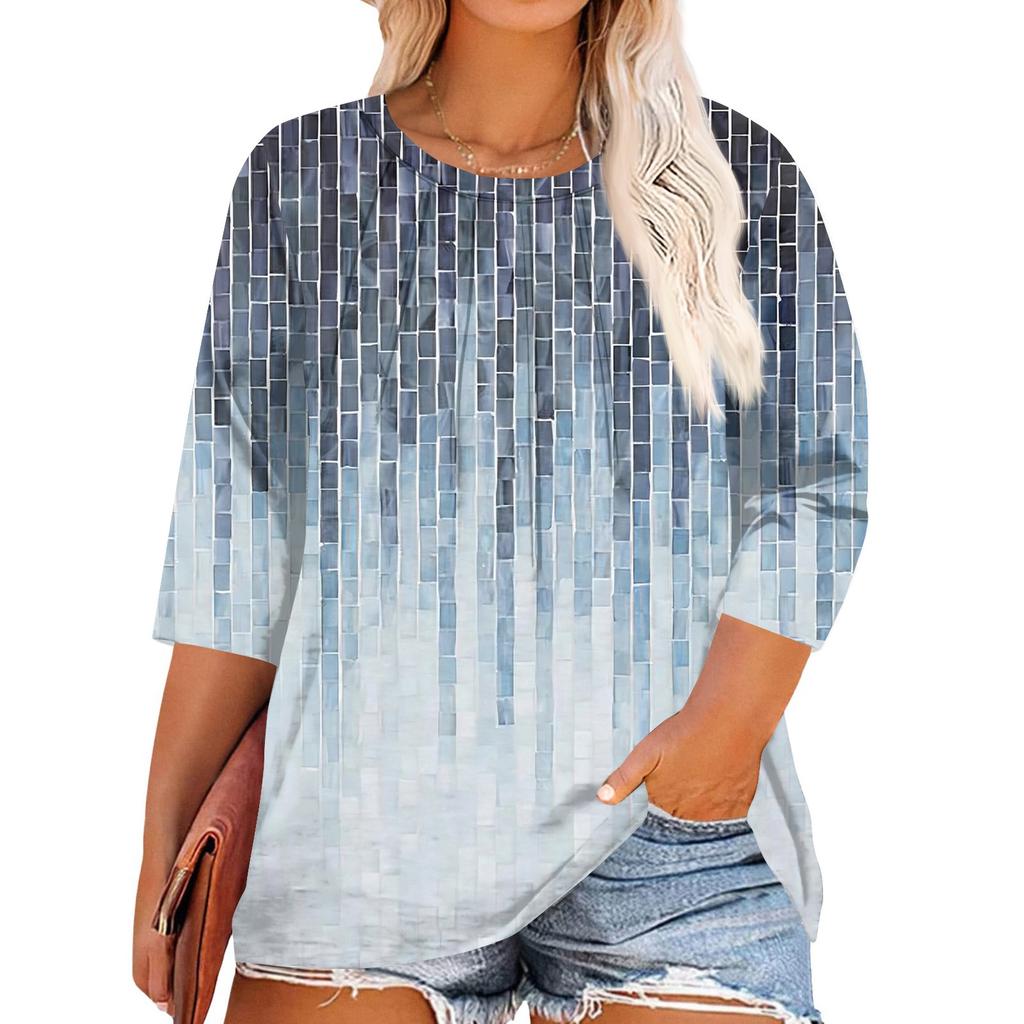 Women's Print Round Neck Plus Size Tops 3/4 Sleeves Elegant Shirt Tops