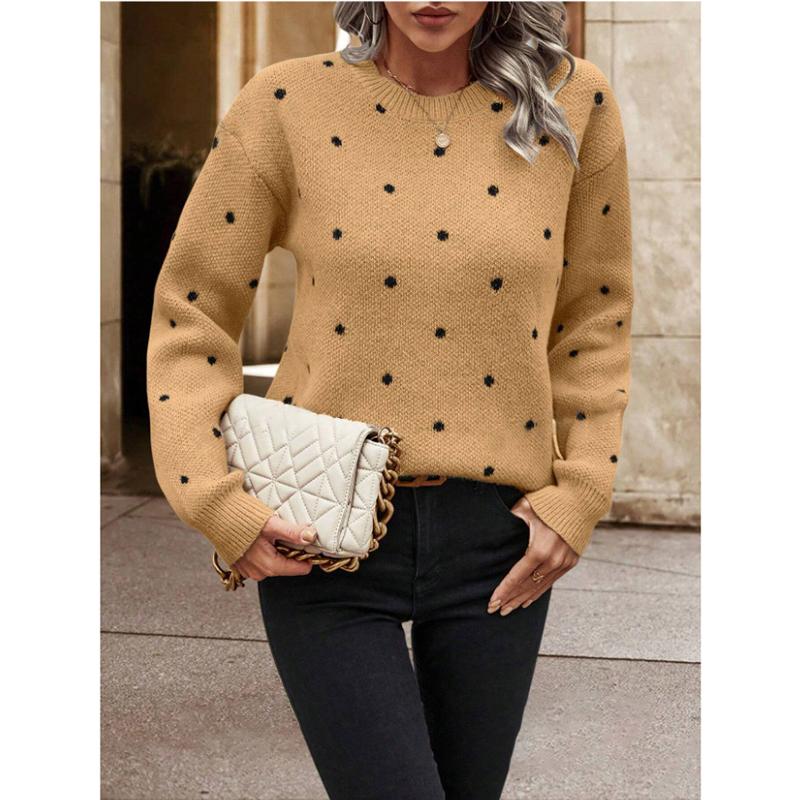 Autumn and Winter Fashion New Women's Elegant and Sexy Warm Round Neck Knitted Pullover Long Sleeved Polka Dot Sweater