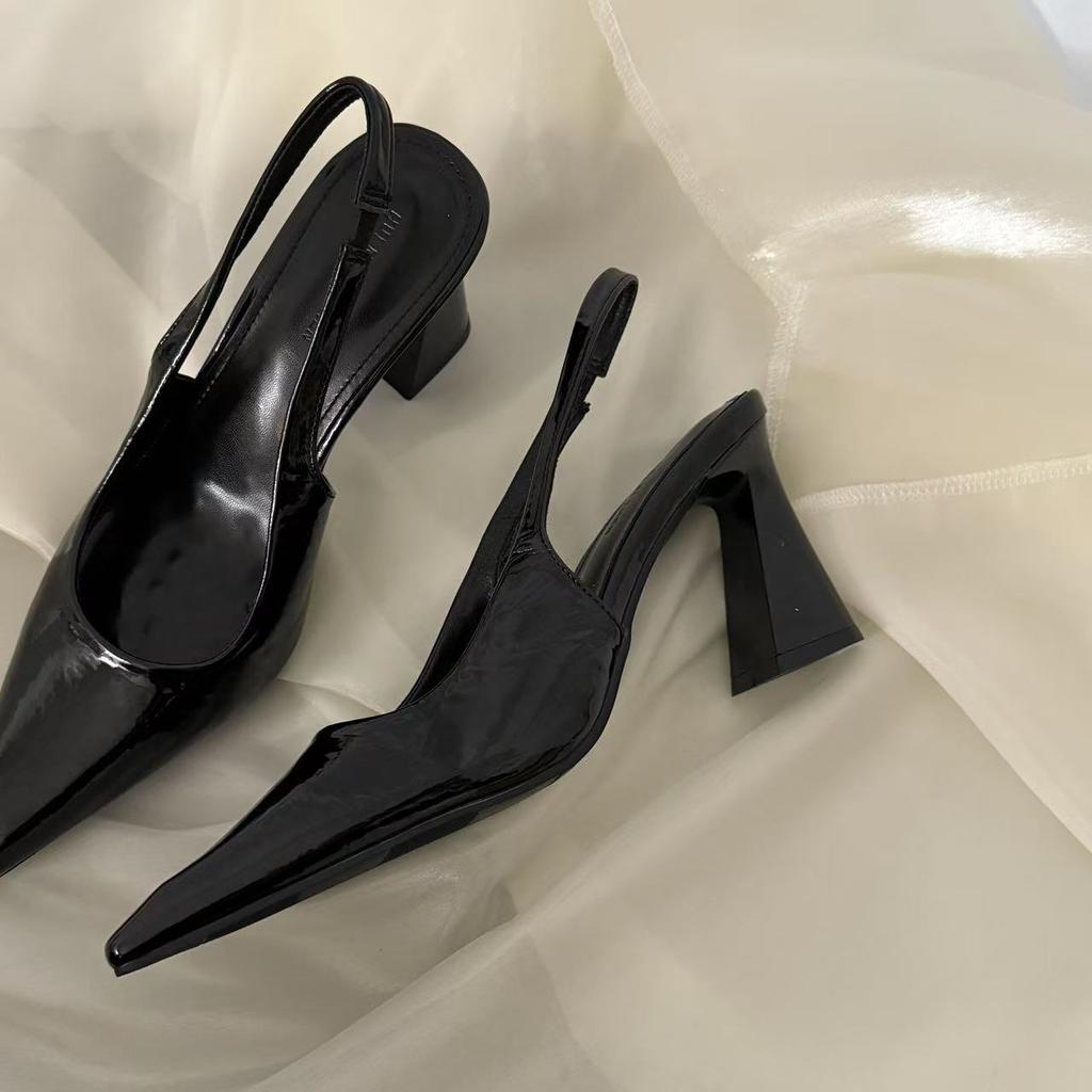 Baotou sandals women's summer 2025 new Korean version commuter high heels French patent leather high-end pointed thick heel single shoes