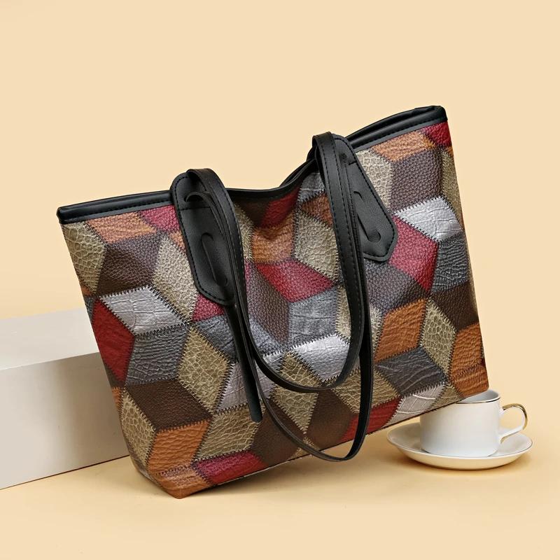 Hot Selling Casual Trend PU Splicing Large Capacity Crossbody Bag Fashion Youth Design Tote Bag Retro Elegant Women's Handbag