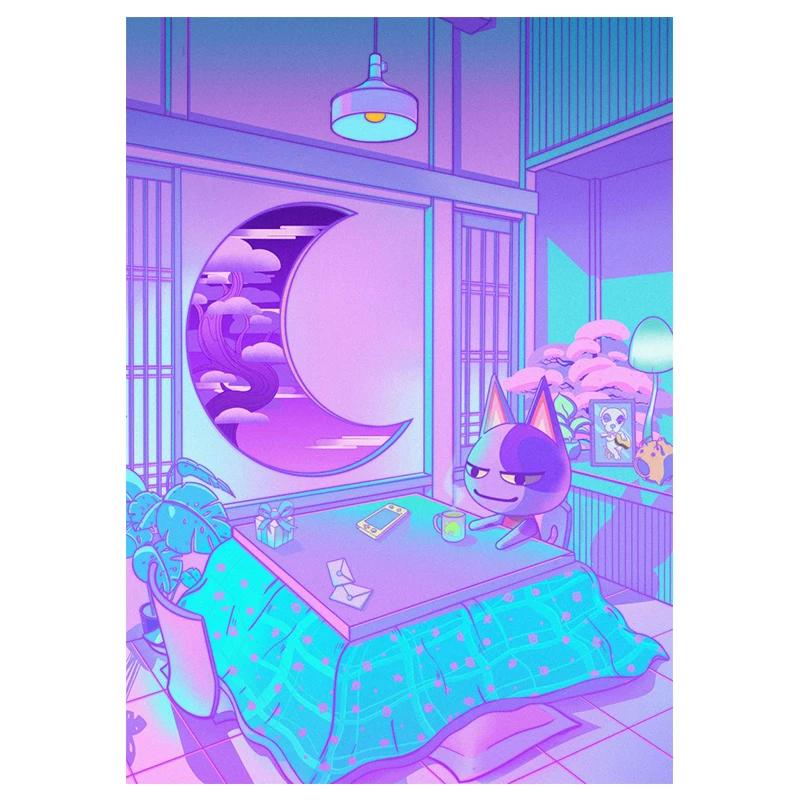 80s Vaporwave Style Wall Art Poster City Night Street Cat Canvas Painting Print Home Decoration Kawaii Room Decor Canvas Picture