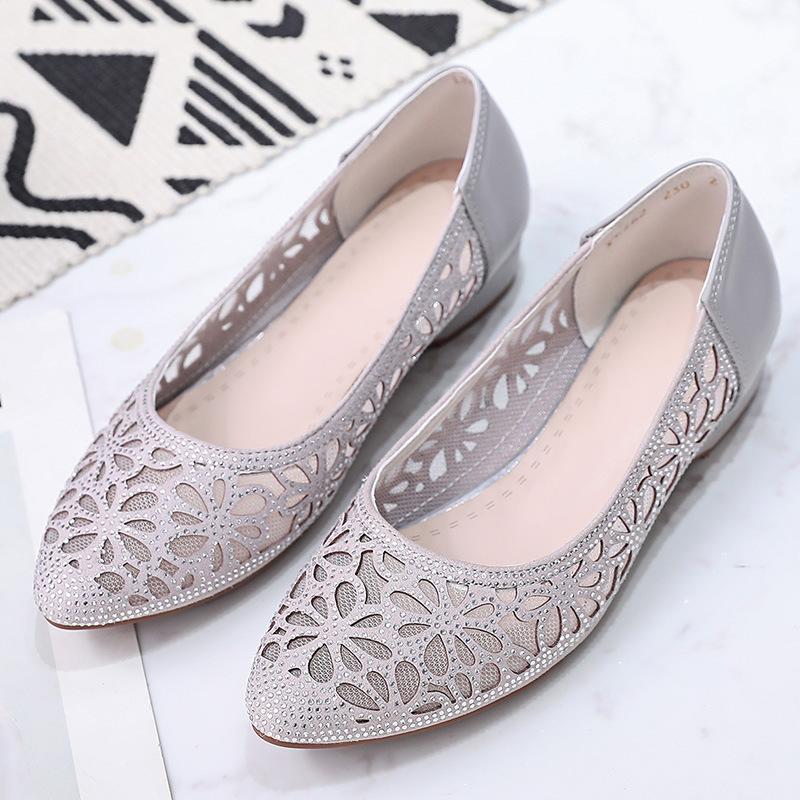 GKTINOO Spring Summer Hollow Genuine Leather Pumps Women Shoes Med Heels Square Heel Mesh Ladies Office Shoes Crystal