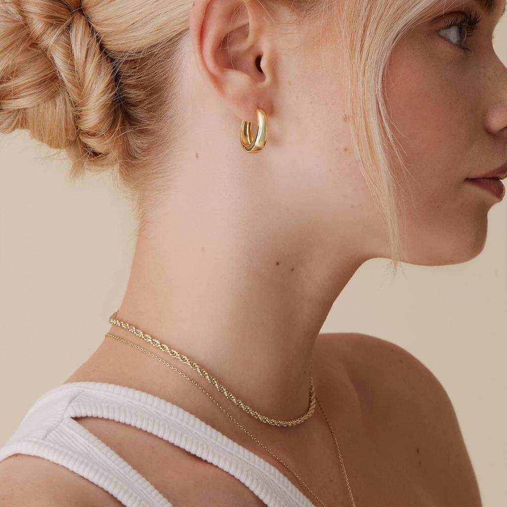 14K Gold Plated Sterling Silver Post Small Chunky Hoops Earrings | Thick Lightweight Gold Hoop Earrings for Women Retro style