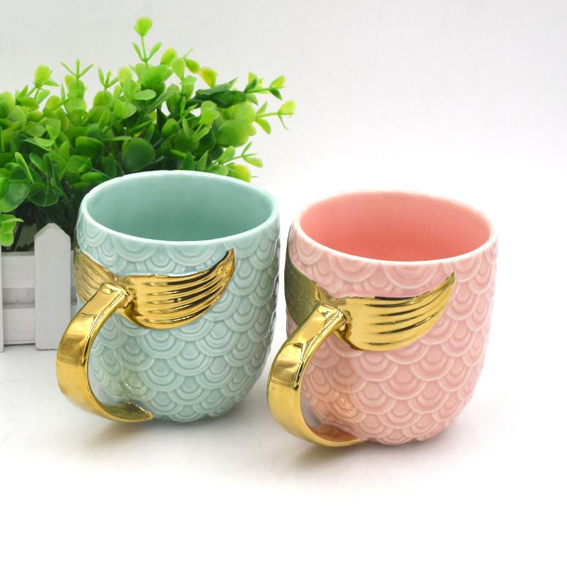 Creative Mermaid Shaped Mug Pearl Glaze Gold Ceramic Water Cup Coffee Cup