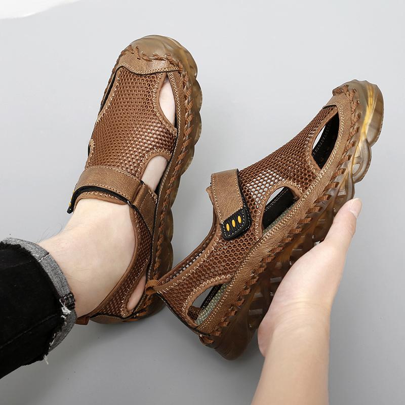 Men Outdoor Hiking Sandals Black Leather Closed Toe Grey Beach Shoes Wide Handmade Sandals Large Size for Father