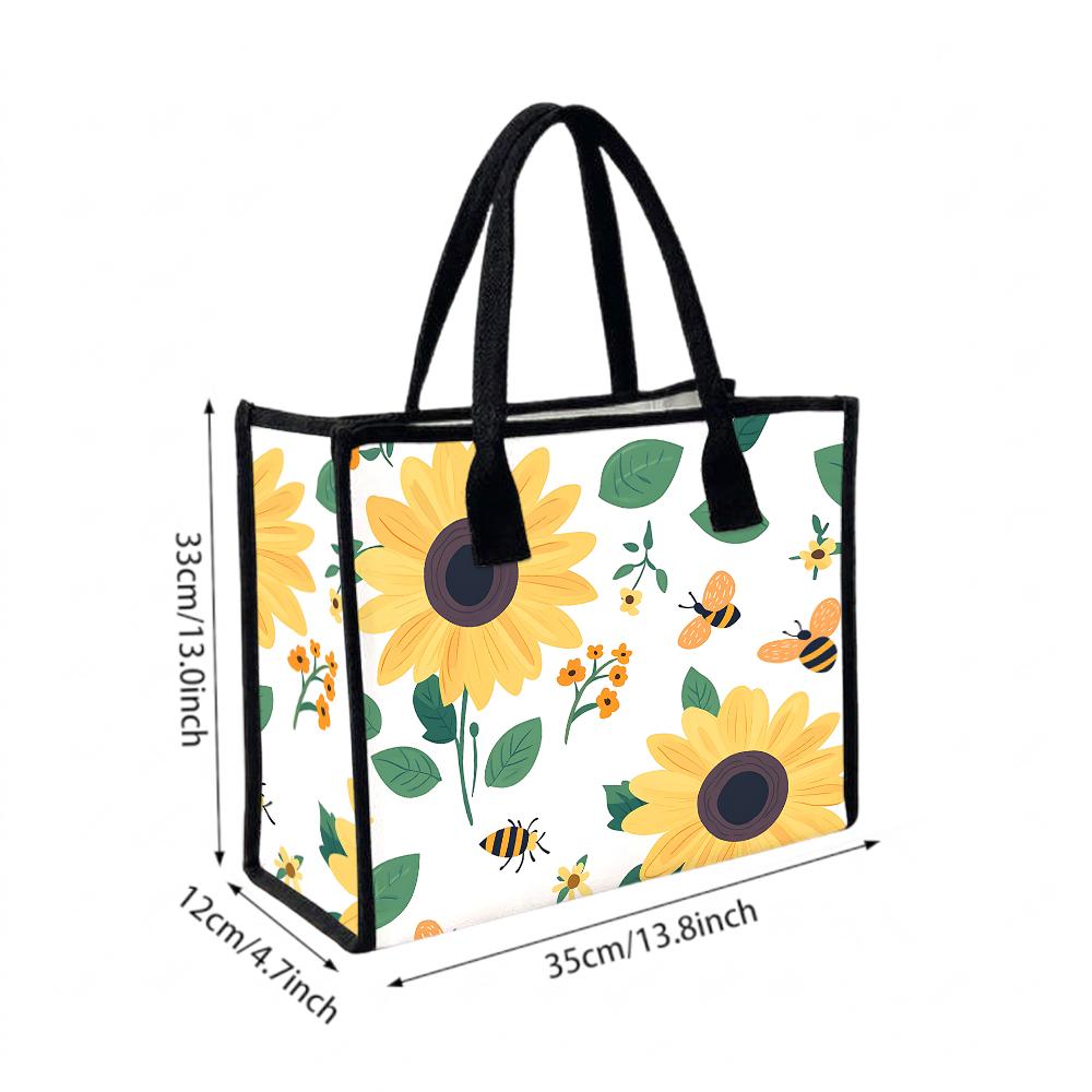 Sunflower Bee Printed Canvas Tote Bag Daily Outdoor Casual Lightweight Carryall Handbag