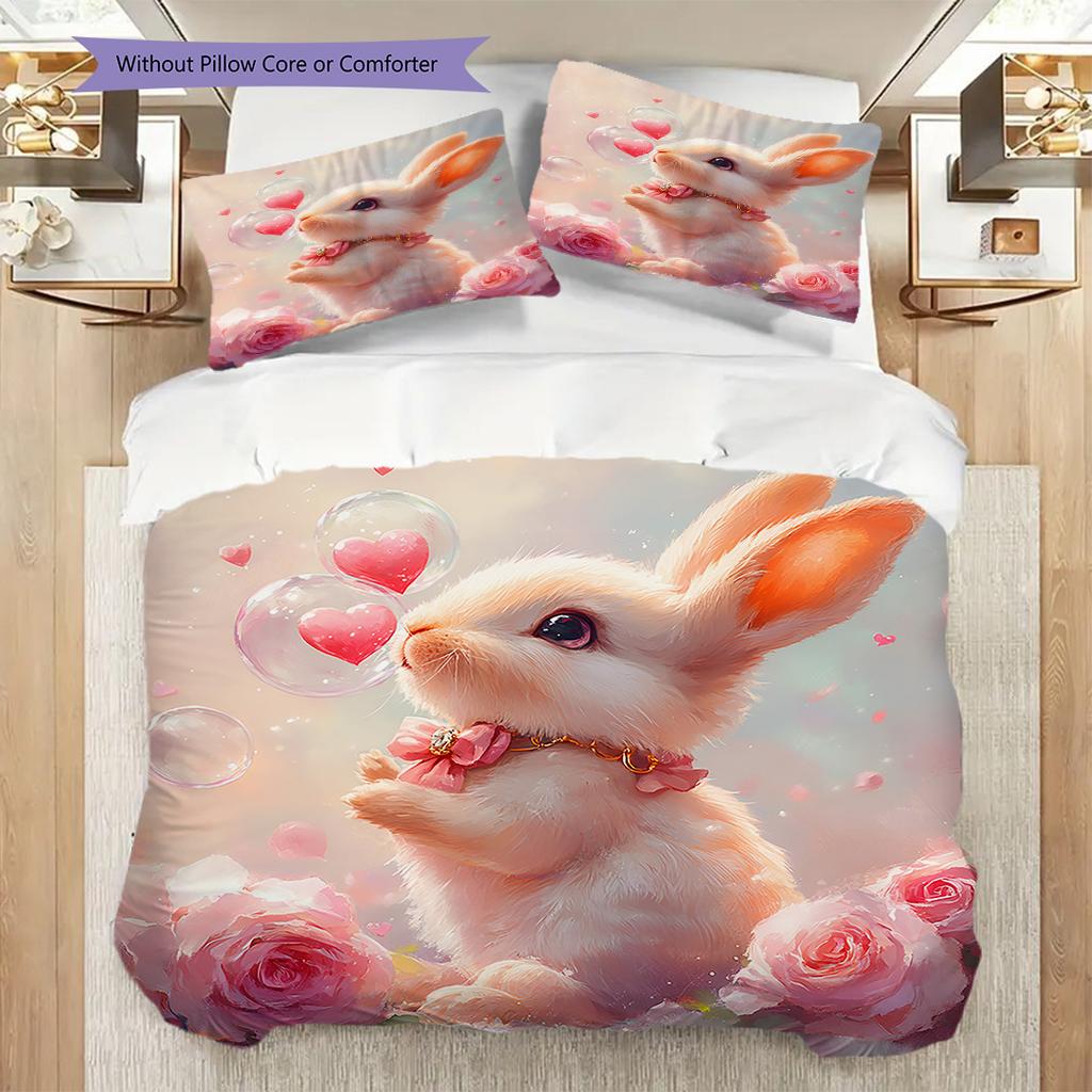 Rabbit Pattern Bedding Quilt Set Quilt Cover Pillowcase Home Decoration Birthday Gift (1 * duvet cover + 2 * pillowcase, without core)