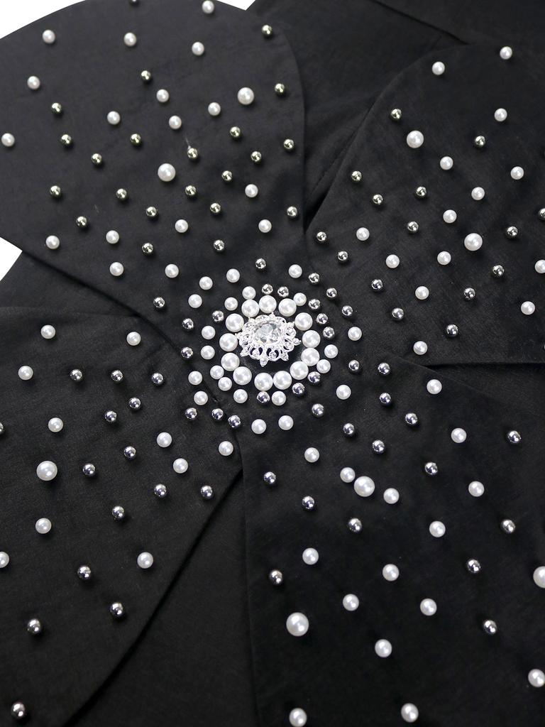 Black Off Shoulder Mini Dress with Puff Sleeves Rhinestone Decorated Straps 3D Flower Embroidered Flares Hip Bodycon for Party