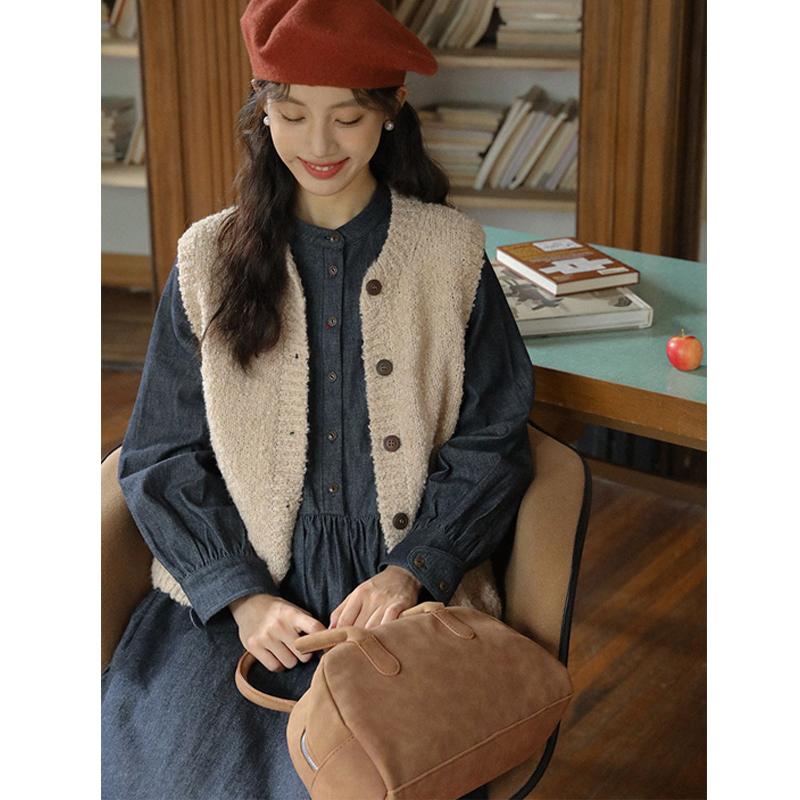 Johnature Japanese Literary Round Neck Dark Blue Tie Crew Neck Long Sleeve Dresses Spring Casual Dress Women