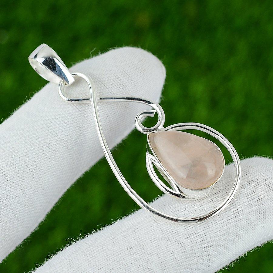 Birthday Gift For Her Natural Rose Quartz Gemstone Pendant 925 Sterling Silver