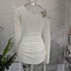European and American spring and summer slanted shoulder long sleeved hooded dress, sexy perspective pleated dress for women