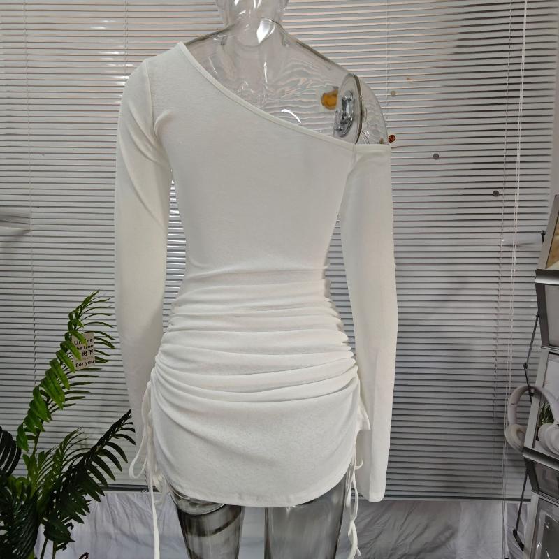 European and American spring and summer slanted shoulder long sleeved hooded dress, sexy perspective pleated dress for women