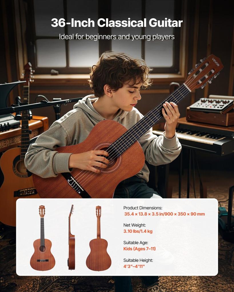 Classical Guitar, 900 mm, Wood Classical Guitar Starter Kit for Beginners, with Nylon Strings, Gig Bag, Strap, Tuner, Extra Strings, Picks, Capo,