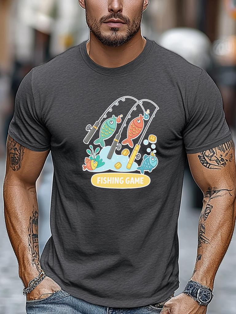 Mens Summer Fishing TShirt Fishing Game Rod Fish Print Short Sleeve Round Neck Soft Oversized Playful Daily Wear