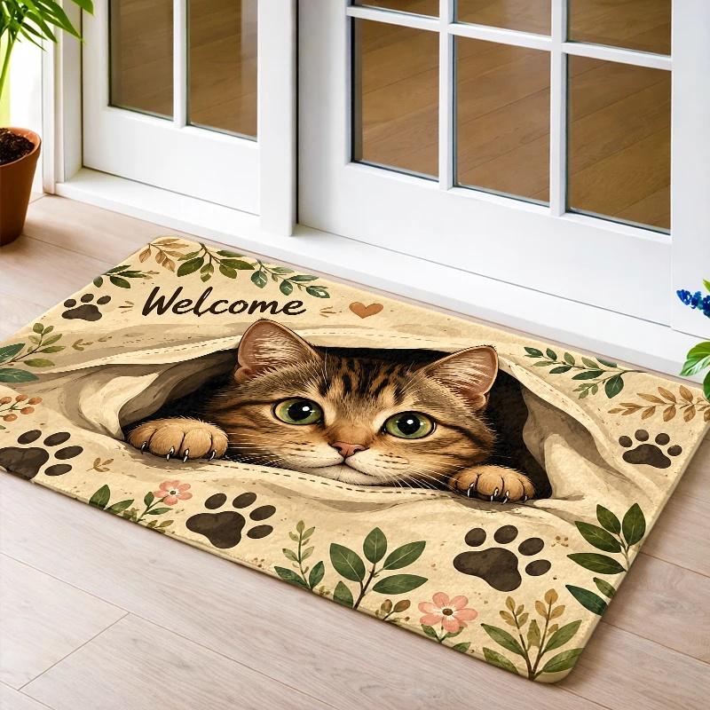 1Pcs Cute Cat Welcome Door Mat, 3D Cat Paw Printed Kitchen Rug, Non Slip Washable Floor Mat, Indoor Entrance Carpet, Pet Lover Home Decoration