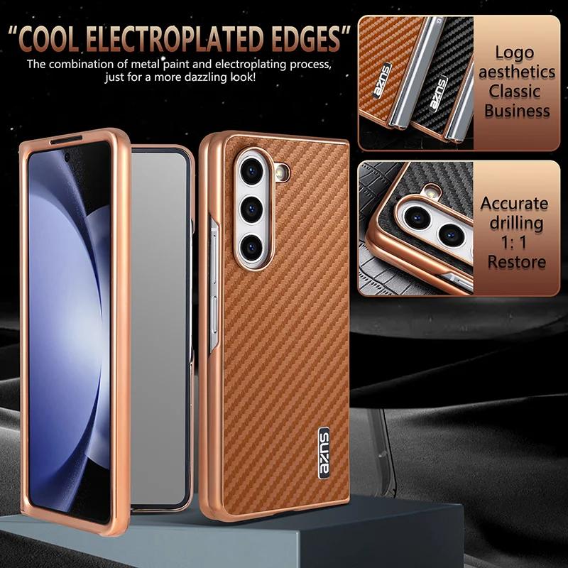 Capa com Padrão de Fibra de Carbono para Z Fold7 Fold 6 para Samsung Galaxy Z Fold 7 6 5 4 3 5G Moldura Galvanizada Capa Traseira para Celular Etui