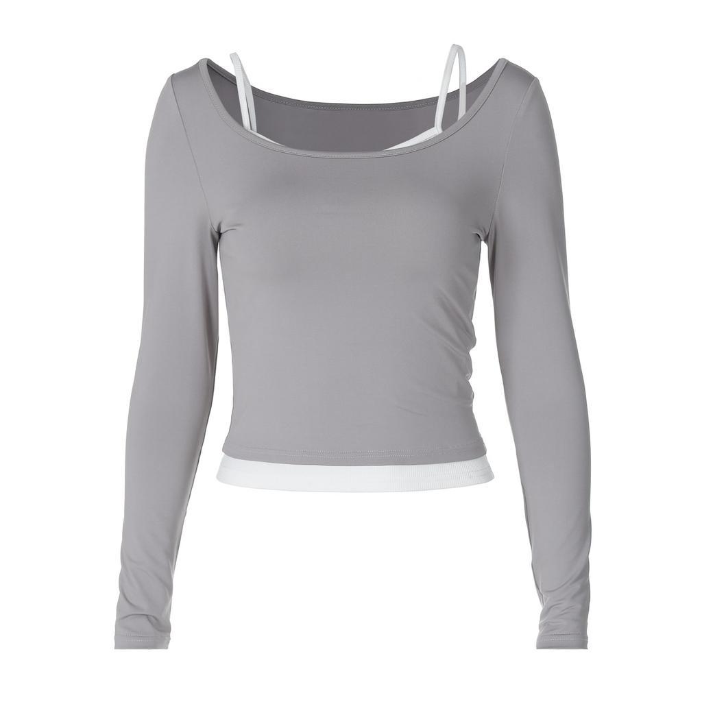 Summer Fashion Contrast T-shirt 2 Piece-Set Women's Off-Shoulder Long Sleeve Patchwork Cropped Top Female Commute Tee Top
