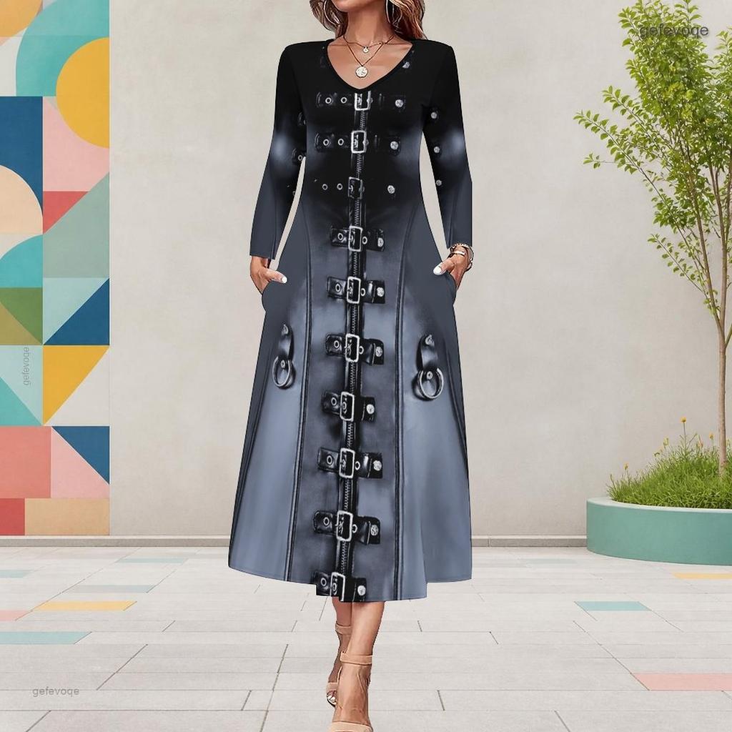 Women s Plus Size V Neck Long Sleeve Printed Black Purple A Line Midi Dress With Pockets