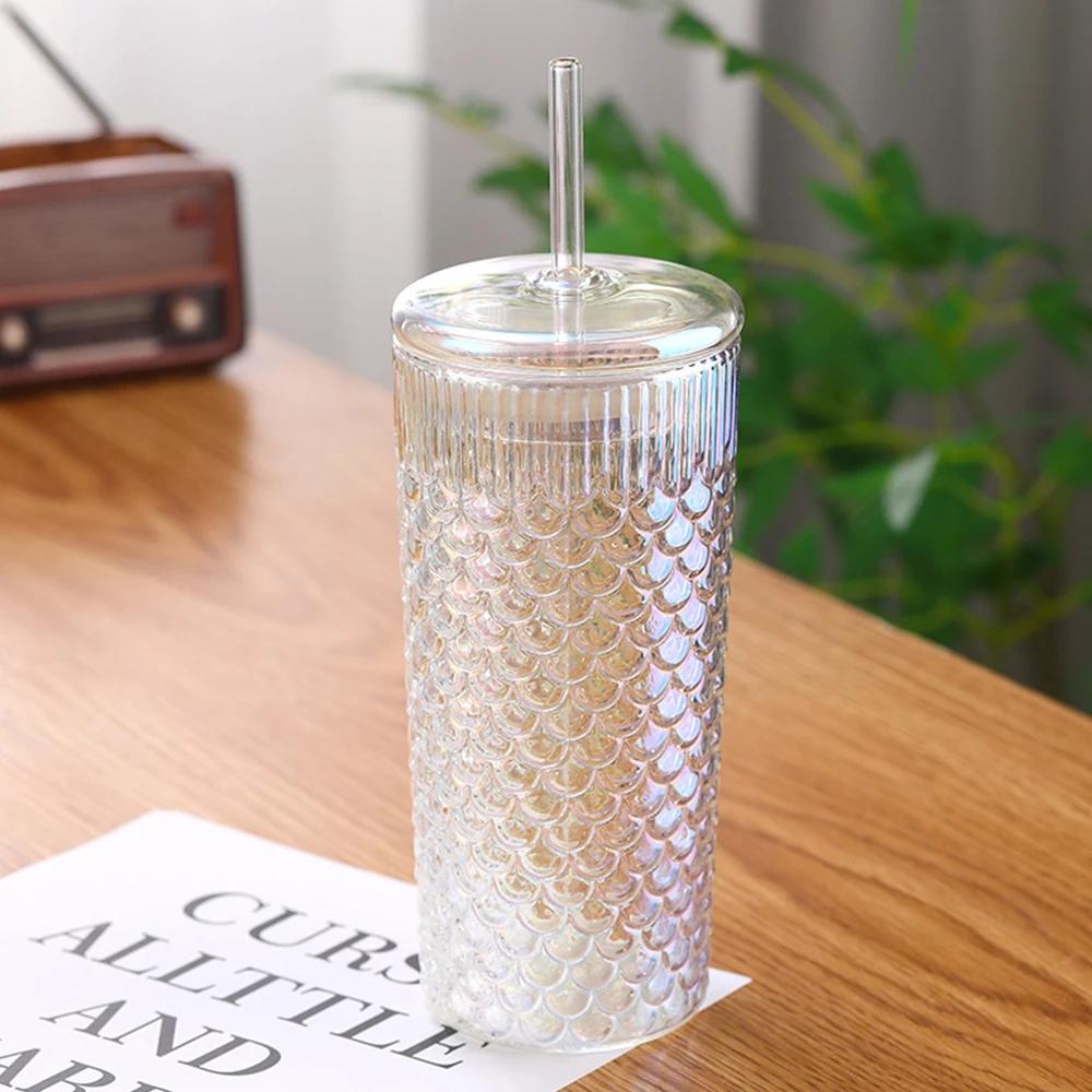 720ml New Corrugated Glass Cup With Lid and Straw Transparent Glasses Mug Iced Coffee Cup For Juice Milk Tea Water Cup Drinkware