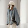 Women's Autumn Color Block Denim Jacket with Corduroy Patchwork and Turn-Down Collar