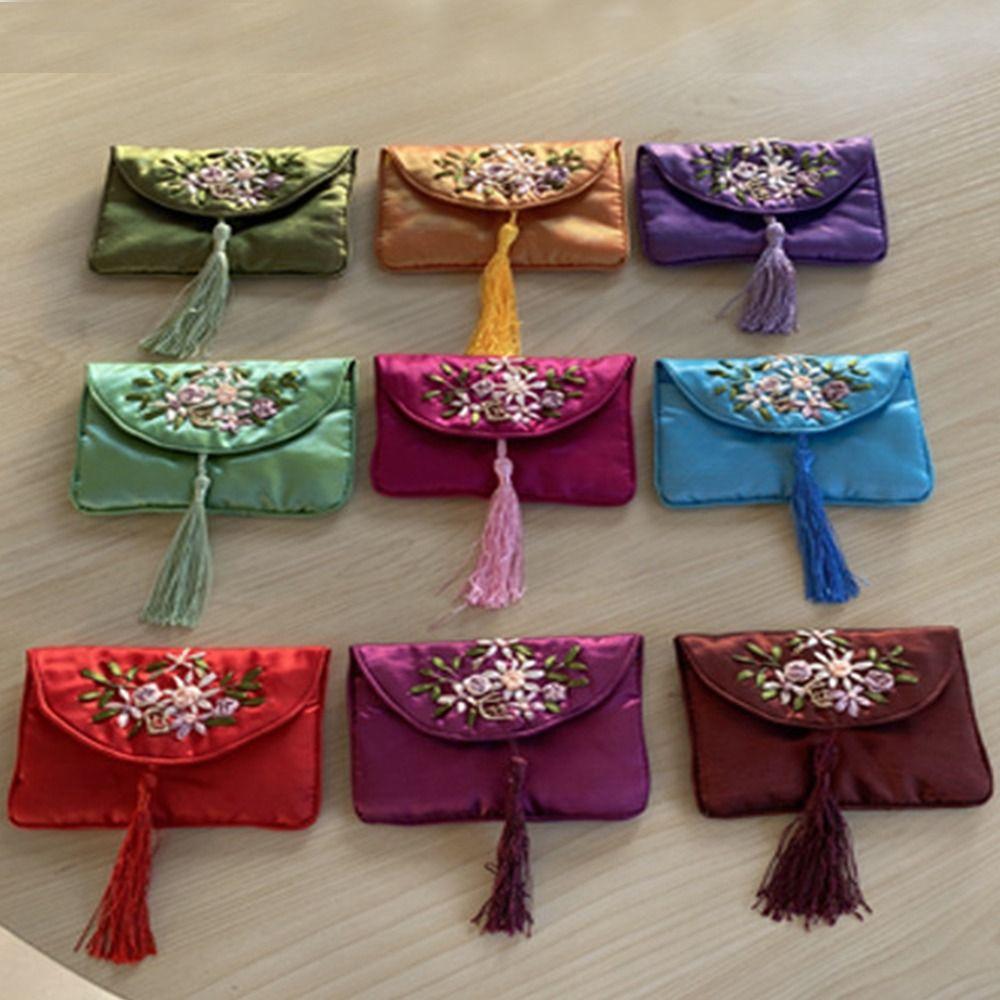 Embroidered Flower Women Tassels Handbags Retro Handmade Zipper National Small Bag Card Storage Ethnic Style Coin Purse