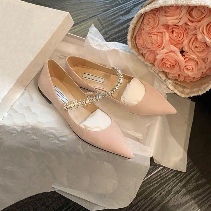 Spring 2025 Fairy Style Rhinestone Chain Mary Jane Flats - Patent Leather, Pointed Toe, Korean Soft Sole